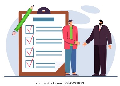 HR specialist shaking hand to new job candidate near huge CV with check marks and pencil. Flat vector illustration. Successful interview outcomes concept