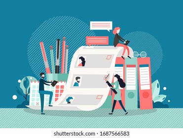 HR specialists hiring new staff, choosing candidates for vacancy job, vector flat style design illustration. Recruitment agency, vacancy, employment process, head hunters.