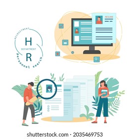HR specialists review the resumes of applicants for the vacancy. The concept of a recruitment agency, staff search. Flat design