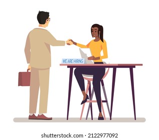 HR staffing agency semi flat RGB color vector illustration. Female hr manager conducting job interview isolated cartoon characters on white background