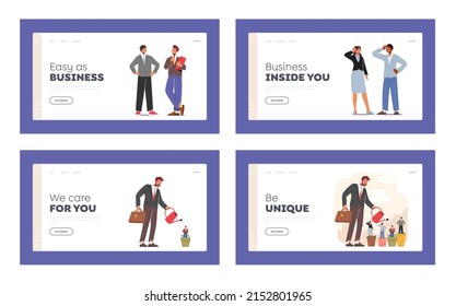 Hr, Talent Development, Career Growth Landing Page Template Set. Businessman Character Watering Talented Managers Staff in Flower Pots. Training Business Employees. Cartoon People Vector Illustration