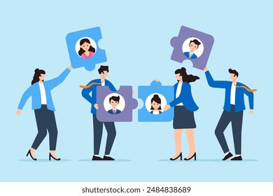 HR-Team, das Puzzle mit Kandidatenprofilen zusammensetzt, die Teile zusammenfügen, strategische Einstellungssynergie Detaillierte Bewertung