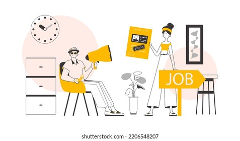 Equipo de RR. HH. El concepto de encontrar empleados. Estilo de moda lineal. Ilustración vectorial.
