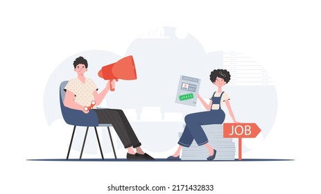 HR team. Man with a mouthpiece. A girl with a job test passed. Job search and human resource concept. Trend style, vector illustration.