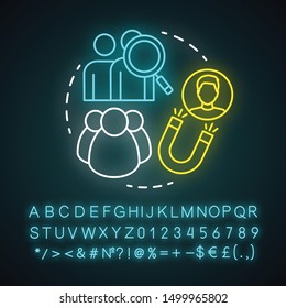 HR team neon light concept icon. Employment service, recruitment idea. Glowing alphabet, numbers. Staff search and human resources management. Candidate sourcing. Vector isolated illustration