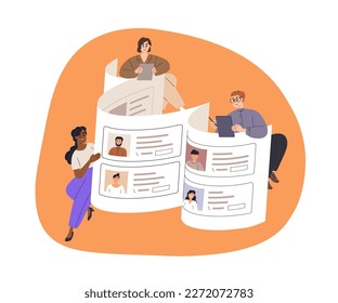 HR team recruiting, hiring, searching human resources. Headhunters choosing from job applicants CVs, looking candidate application forms, resumes. Flat vector illustration isolated on white background