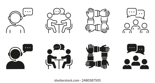 HR Team Work Line and Silhouette Icon Set. Recruitment Symbol Collection. Interview Conversation Black Pictogram. Job Meeting Sign. Isolated Vector Illustration.