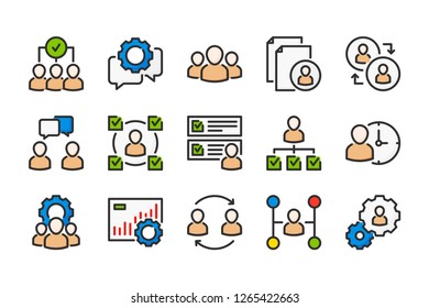 HR and Teamwork related color line icons. Business and office vector linear colorful icon set. Isolated icon collection on white background.