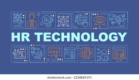 HR technology word concepts dark blue banner. Process automation. Infographics with editable icons on color background. Isolated typography. Vector illustration with text. Arial-Black font used