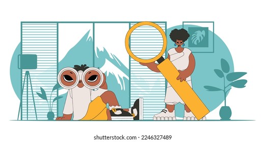HR theme. Attractive group of HR people using binoculars and magnifier.