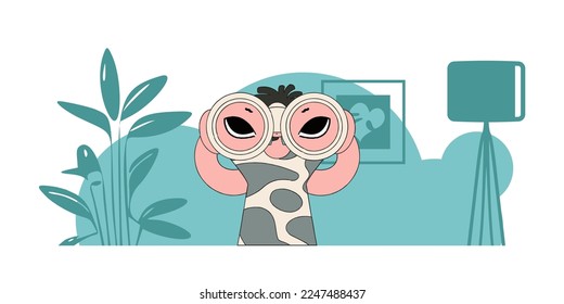 HR theme. Attractive man holds in his hands and looks through binoculars.