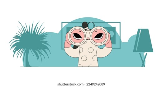 HR theme. Attractive woman holds in her hands and looks through binoculars.