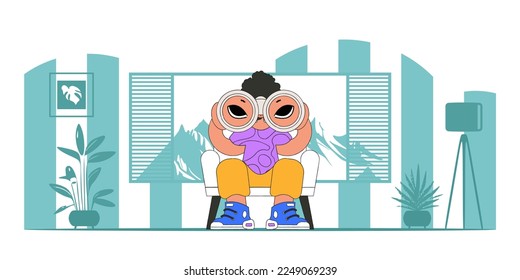 HR theme. A young man holds binoculars in his hands.