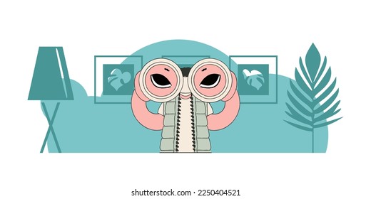 HR theme. A young woman holds binoculars in her hands.