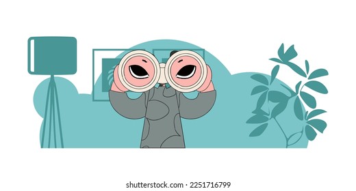 HR theme. A young woman holds in her hands and looks through binoculars.