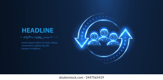 HR update. Three man icons inside arrows in the circle form. Human resource changes, employee retentioin, personnel update, workgroup support, staff retain, hr change concept. Abstract 3d pictogram