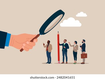 HR use magnifying glass to choose best candidate. Modern vector illustration in flat style. 