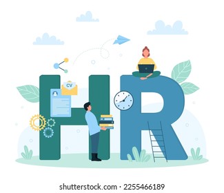 HR vector illustration. Cartoon tiny people search and choose best talent professional employee, work with CV documents, personnel resume and laptop near HR word, human resources management