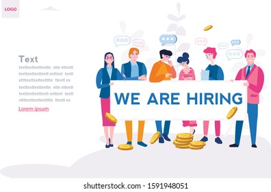 HR, we are hiring, join our team, recruitment and agency interview theme, Vector illustration for web banner, infographics, mobile, happy business people holding hiring banner.
