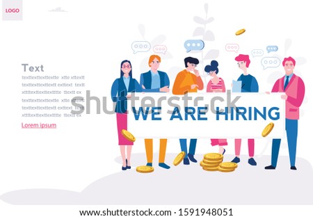 HR, we are hiring, join our team, recruitment and agency interview theme, Vector illustration for web banner, infographics, mobile, happy business people holding hiring banner.