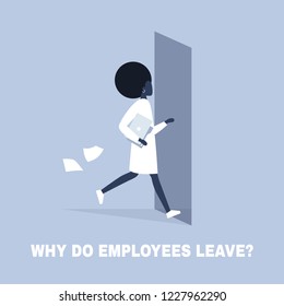 HR. Why do employees leave, brain drain problem. Young character running away from the office. Flat editable vector illustration, clip art