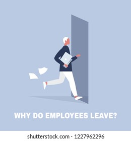 HR. Why do employees leave, brain drain problem. Young character running away from the office. Flat editable vector illustration, clip art