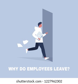 HR. Why do employees leave, brain drain problem. Young character running away from the office. Flat editable vector illustration, clip art