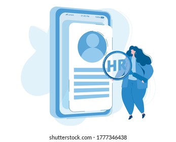 HR worker inspecting online CV. Vector illustration for web banner, infographics, mobile. Human resources. 