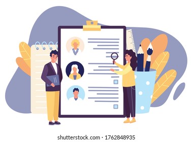 HR workers looking for the best candidate among job applicants who suits company best. Man and woman reviewing cv applications before hiring new employee. Recruitment concept vector illustration.