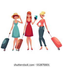 hree girls, dress and jeans, travelling together with suitcases, one holding tickets, another wearing backpack, cartoon illustration isolated on white background. Young women with luggage, suitcases