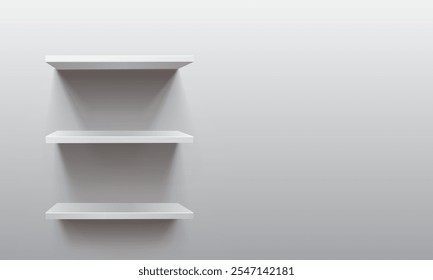 hree sleek white floating shelves mounted on a light gradient wall, ideal for contemporary spaces. Perfect for decor, organization, and clean aesthetics