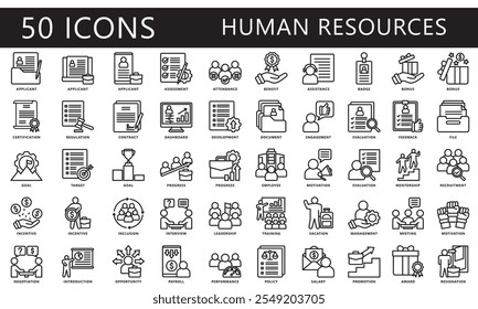 HR-human resources black icons set. contain goal, applicant, test, training, motivation, employee, award and more. Vector EPS 10 for print, digital UI, UX kit, web and app for office management