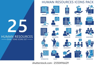 HR-human resources dual tone icons set. contain goal, applicant, training, motivation, employee, award, salary and more. Vector EPS 10 for print, digital UI, UX kit, web and app for office management.