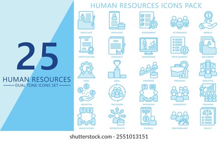 HR-human resources dual tone icons set. contain goal, applicant, training, motivation, employee, award, salary and more. Vector EPS 10 for print, digital UI, UX kit, web and app for office management.