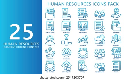 HR-human resources gradient outline icons set. contain goal, applicant, training, motivation, employee, award and more. Vector EPS 10 for print, digital UI, UX kit, web and app for office management.