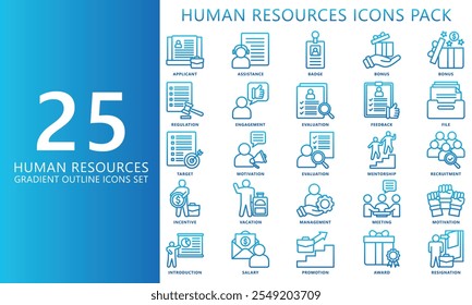 HR-human resources gradient outline icons set. contain goal, applicant, training, motivation, employee, award and more. Vector EPS 10 for print, digital UI, UX kit, web and app for office management.