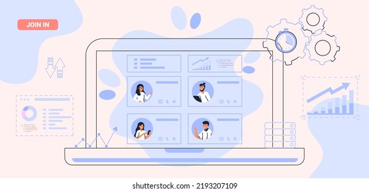 HRIS Sistema de Información de Recursos Humanos acrónimo de la oficina de recursos humanos en la Web concepto de interfaz innovador Ilustración vectorial Datos de los empleados Capacitación Beneficios Asistencia Análisis Nómina de sueldos