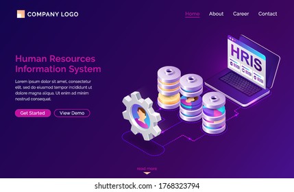 Hris isometric landing page. Human resources information system, IT and HR mixed technologies, computer screen with software for collection and store employees organization data 3d vector web banner