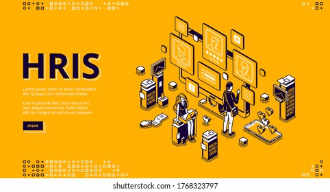 Hris isometric landing page. Human resources information system IT and HR technologies, people at multiple screens with software for employees organization and store data 3d vector line art web banner