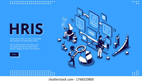 Hris isometric landing page. Human resources information system IT and HR technologies, people at multiple screens with software for employees organization and store data 3d vector line art web banner