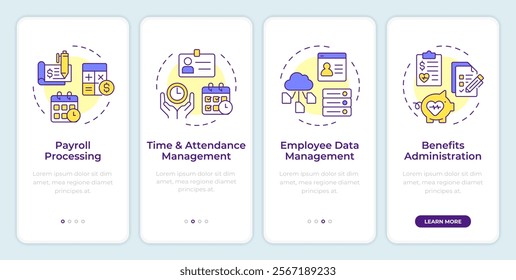 HRIS onboarding mobile app screen. HR information system. Walkthrough 4 steps editable graphic instructions with linear concepts. UI, UX, GUI template
