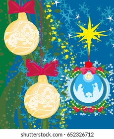 hristian Christmas nativity scene of baby Jesus in transparent ball hanging on abstract background 