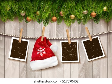 hristmas background with photos and a Santa hat. Vector.