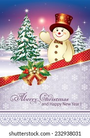 hristmas card with Christmas tree and snowman