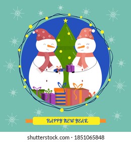 hristmas card with snowman and tree