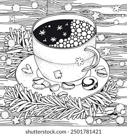 hristmas Coloring Page with Whimsical Abstract Coffee Cup with Candy Cane and Cozy Winter Vibes – Artistic Illustration. Zentangle patterns