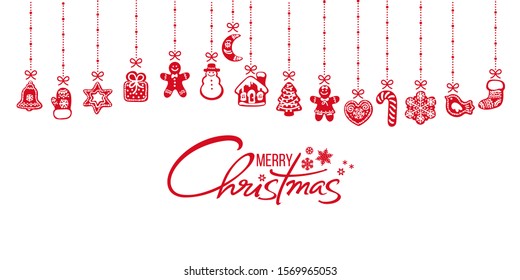 Hristmas decorationt. Gingerbread cookies hanging on red ribbons. Merry Christmas handwritten text. Vector illustration isolated on white background.