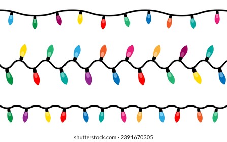 hristmas lights. Colorful garland. Set of Christmas light strings. Christmas light bulbs for decoration .Christmas garland seamless border.
