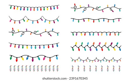 hristmas lights. Colorful garland. Set of Christmas light strings. Christmas light bulbs for decoration .Christmas garland seamless border.