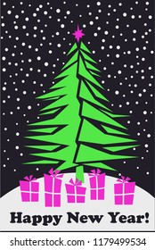 hristmas and New Year. Vector greeting card with Christmas tree